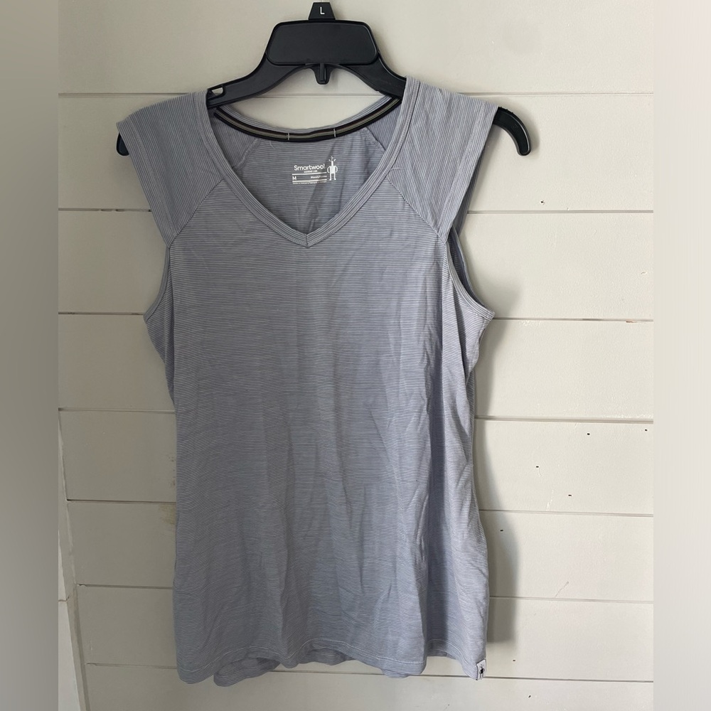 Smartwool Tank / Cap Sleeves Shirt, Blue & White Striped, Size Medium